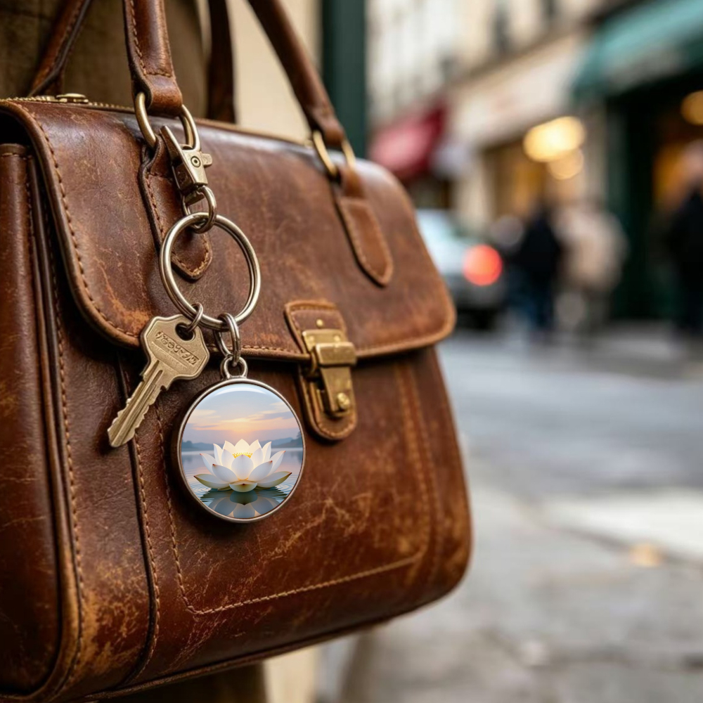 Fashionable Alloy Keychain with Lotus on Water at Sunset